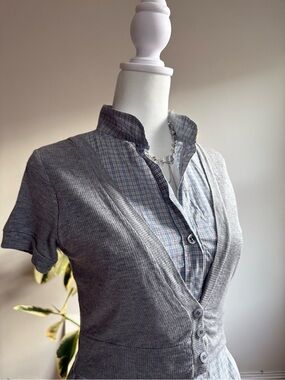 2000s Baby Blue and Gray Layered-Look Short Sleeve Shirt  - size S